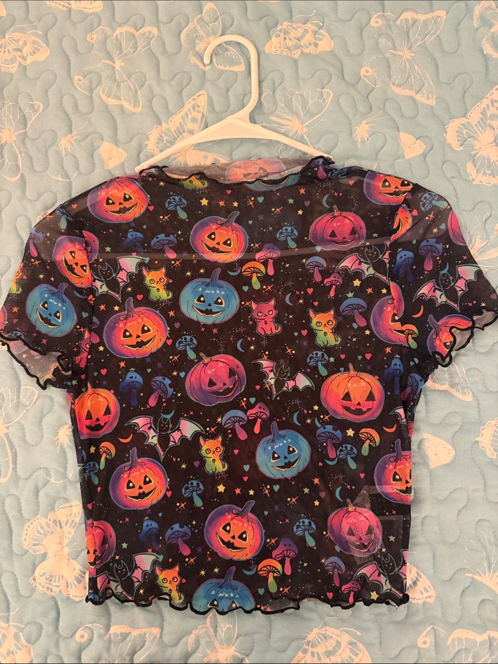SHEIN Black Mesh Tee with Neon Pumpkin & Bat Print